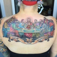 Impressive colored Lord's Supper tattoo on upper back with lettering