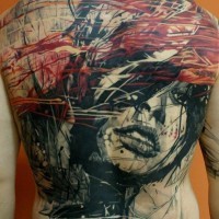 Impressive designed comic books like colored abstract woman portrait tattoo on whole back