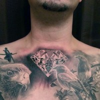 Impressive designed detailed wild birds with diamond tattoo on chest