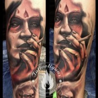 Impressive detailed and colored Mexican traditional smoking woman portrait forearm tattoo