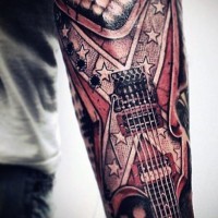 Impressive detailed and colored vintage rock guitar tattoo on arm