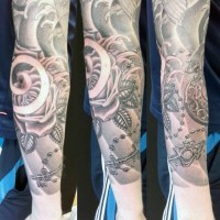Impressive detailed and painted black and white big flower with key and clock tattoo on sleeve