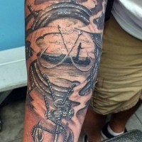 Impressive fishing themed very detailed black and white tattoo on arm