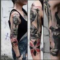 Impressive half colored 3D sand clock tattoo on sleeve combined with ornamental symbol and demonic woman