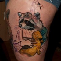 Impressive half colored mystical raccoon tattoo on thigh