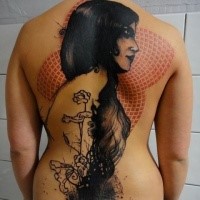 Impressive looking colored whole back tattoo of woman with various ornaments