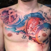 Impressive multicolored different variants of tattoo on chest with lettering