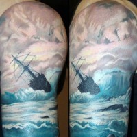 Impressive painted and colored big old ship in waves half sleeve tattoo