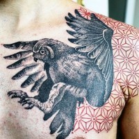 Tatuaje en el pecho,  lechuza que caza y ornamento rojo