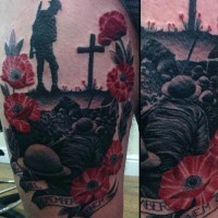 Impressive painted memorial military tattoo with soldier and flowers on thigh
