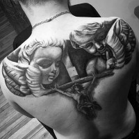 Impressive religious style black and white tattoo with Jesus and angels on upper back