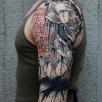 Impressive style painted big flowers shoulder tattoo with lettering