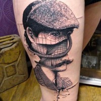 Impressive style painted unusual man face portrait tattoo on thigh