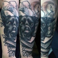 Impressive very detailed black ink dog with books tattoo on arm