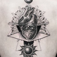 Impressive very mystical designed black and white cult tattoo on upper back