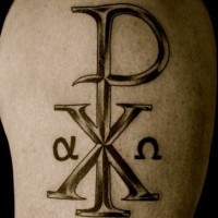 Impressive volume religious Chi Rho special symbol tattoo of Christ monogram on upper arm