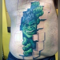 Incredible 3D like detailed side tattoo of under skin Hulk