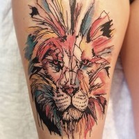 Incredible abstract style big thigh tattoo of lion face