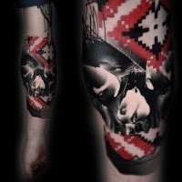 Unglaubliches schwarzweißes Tattoo mit dem menschlichen Schädel  mit Ornamenten