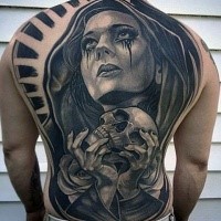 Incredible black and white whole back tattoo of mystic woman with skull and rose