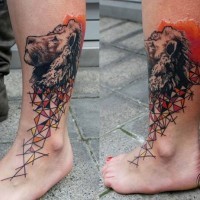 Incredible colored lion tattoo on leg combined with geometrical figures