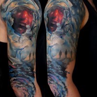 Incredible colored massive space themed tattoo on arm