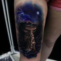 Incredible colored thigh tattoo of praying old woman