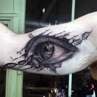 Incredible designed black and white eye with DNA tattoo on arm