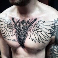 Incredible designed black ink diamond with wings and lettering tattoo on chest