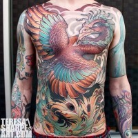 Incredible detailed colorful whole chest and belly tattoo of fantasy bird