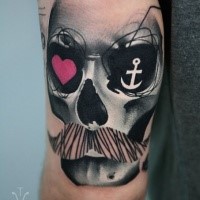 Incredible looking colored arm tattoo of skull with mustache and heart