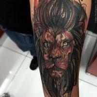Incredible looking colored forearm tattoo of lion head