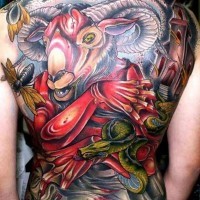 Incredible massive multicolored whole back tattoo of demonic goat with snakes and insects