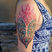 Incredible multicolored tree shaped tattoo on shoulder area