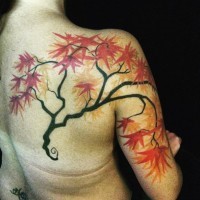 Incredible natural looking little mystic tree with big leafs tattoo on shoulder and back