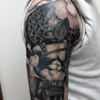 Incredible painted and colored large shoulder tattoo of gladiator warrior