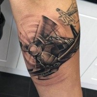 Incredible realism style colored WW2 fighter plane tattoo on arm