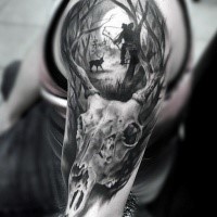 Incredible realism style large shoulder tattoo of deer skull combined with hunter