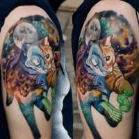 Incredible unusual looking multicolored shoulder tattoo of X-Ray like space cat