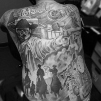 incredibile dettagliato nero e bianco tematica occidentale tatuaggio pieno di schiena