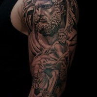Incredible very detailed black and white ancient God statues tattoo on sleeve with horse