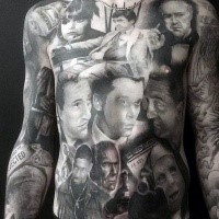 Incredible very detailed black ink whole body tattoo of various movie heroes portraits
