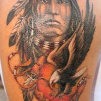 Indian with amulets and eagle tattoo on half sleeve