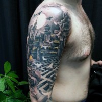 Industrial style colored old mystic castle with labyrinth half sleeve tattoo