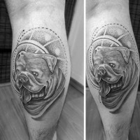 Interesting black and white dog portrait tattoo on leg