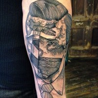 Interesting black ink faceless portrait with lighthouse tattoo on arm