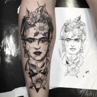 Interesting black ink mystical woman portrait tattoo on forearm combined with various flowers