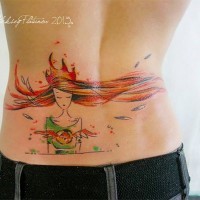 Interesting cartoon like colored little woman tattoo on waist