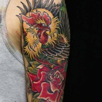 Interesting colored big cock with flowers tattoo on arm