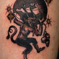 Interesting combined big colored demonic goat with skull and planet tattoo on arm